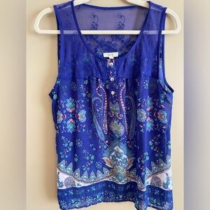 Mine Brand Sheer Sleeveless Blue Lace & Print Blouse - Size L